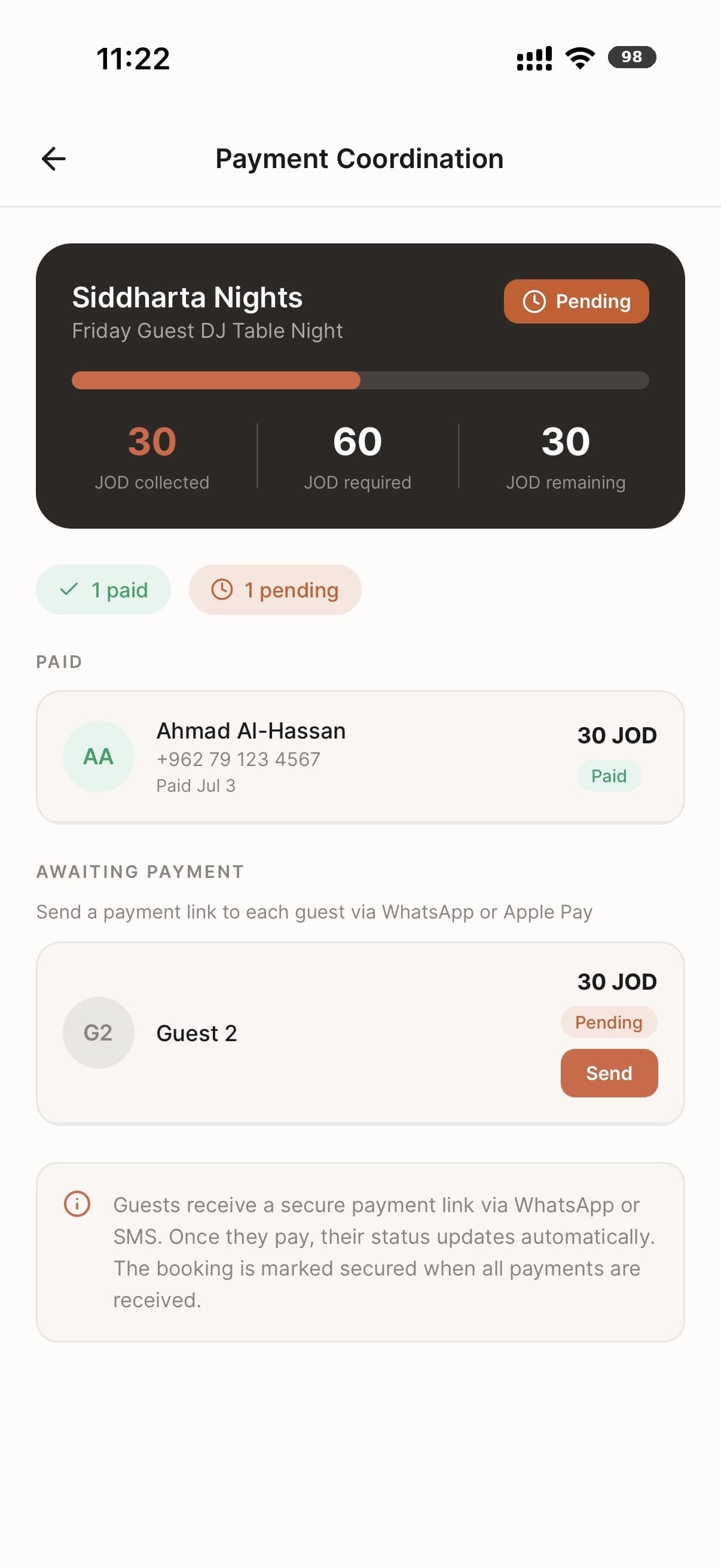 Splitting a group restaurant booking payment in the Cue app, Amman